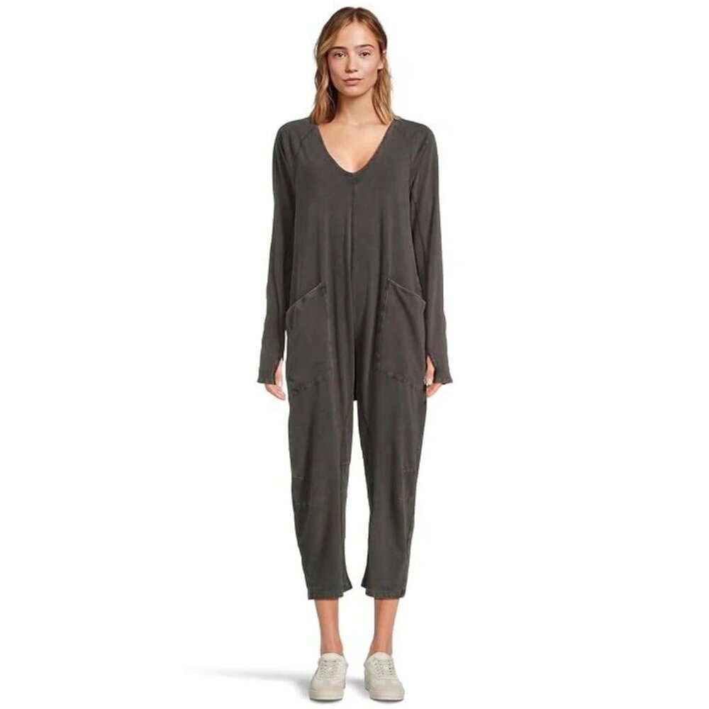 FREE PEOPLE Movement Hot Shot Long Sleeve Stretch Cotton Jumpsuit Black Medium